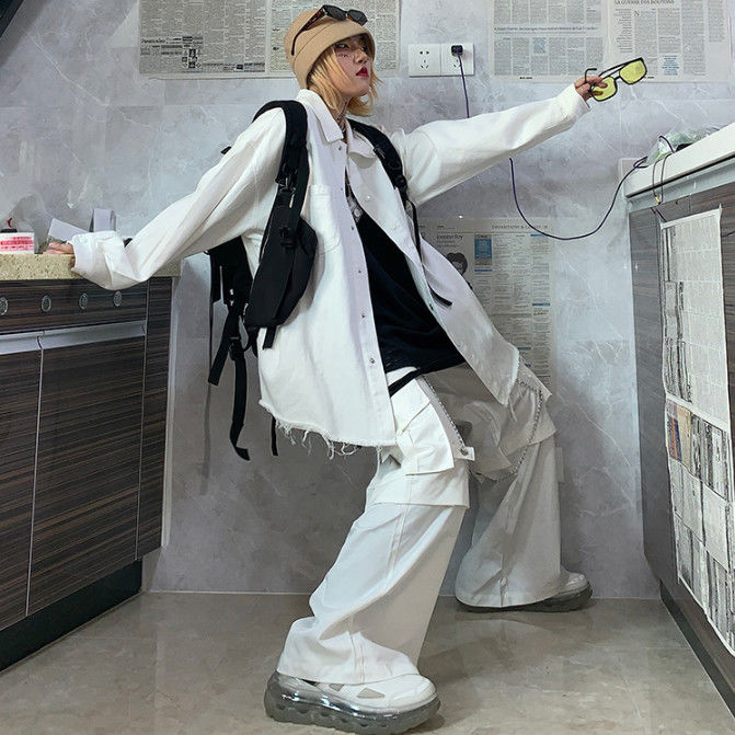 Gothic White Cargo Pants with Chain