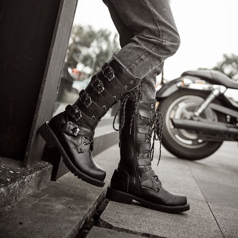 Punk Leather Motorcycle Boots with Belt