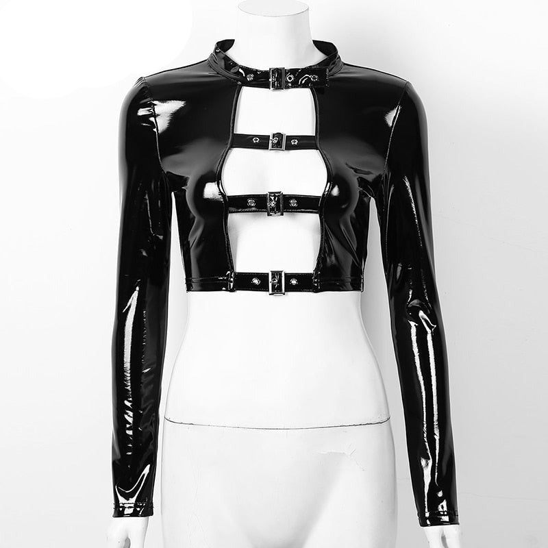 Stand out from the crowd in this Gothic Punk crop top with shiny patent leather and bold buckles