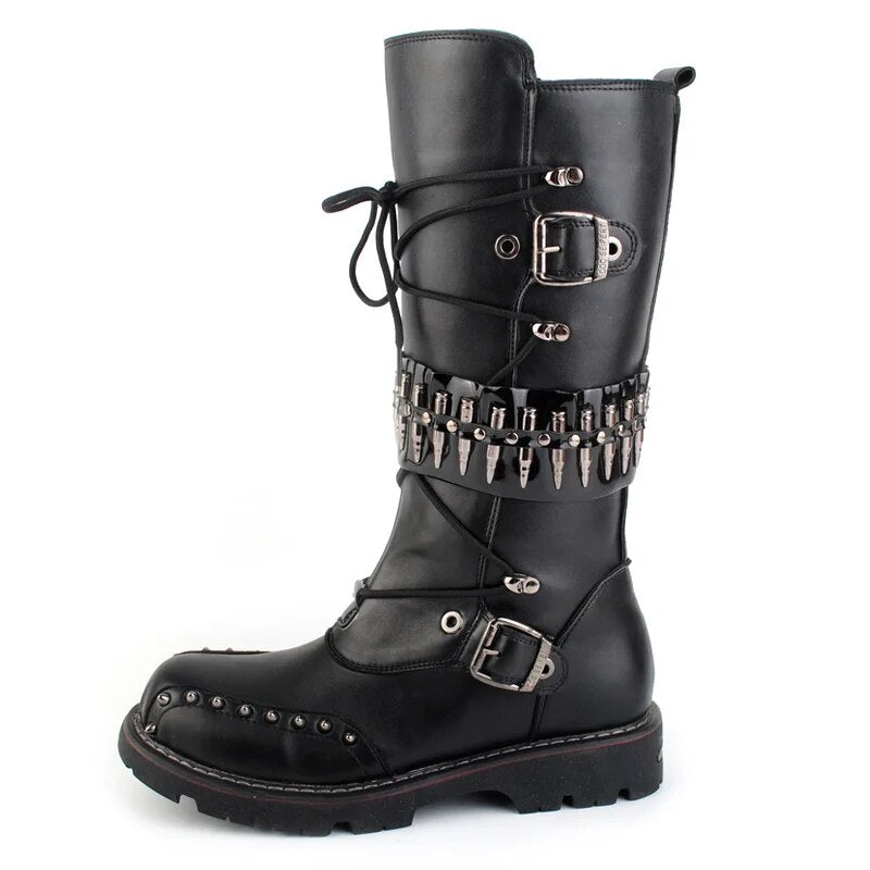 Men's Gothic Skull Belted Motorcycle Boots - Military Punk Combat Style