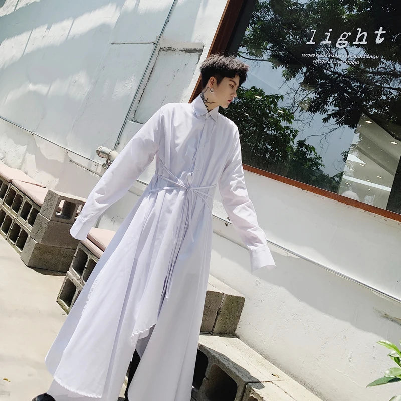 White Long Sleeve Kimono Shirt Dress with white Rope Detailing