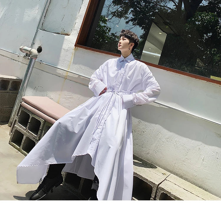 2024 Men's Long Sleeve Black White Rope Shirt Dress - Gothic Kimono