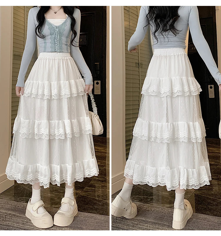 High-Low Gothic Lace Ruffle Skirt High Low Ruched Ruffle Pleated Skirts rok
