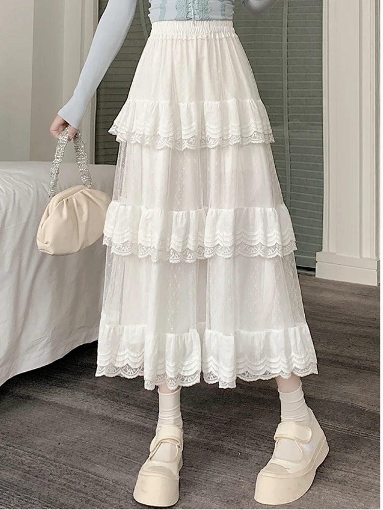 High-Low Gothic Lace Ruffle Skirt High Low Ruched Ruffle Pleated Skirts rok
