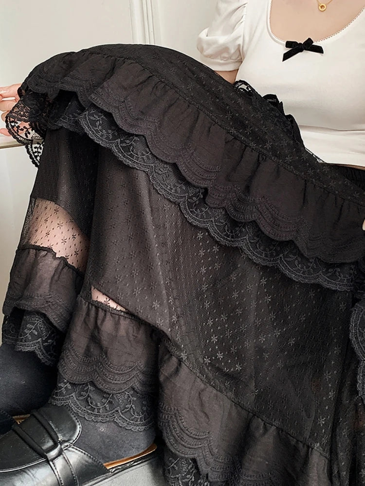 High-Low Gothic Lace Ruffle Skirt High Low Ruched Ruffle Pleated Skirts rok