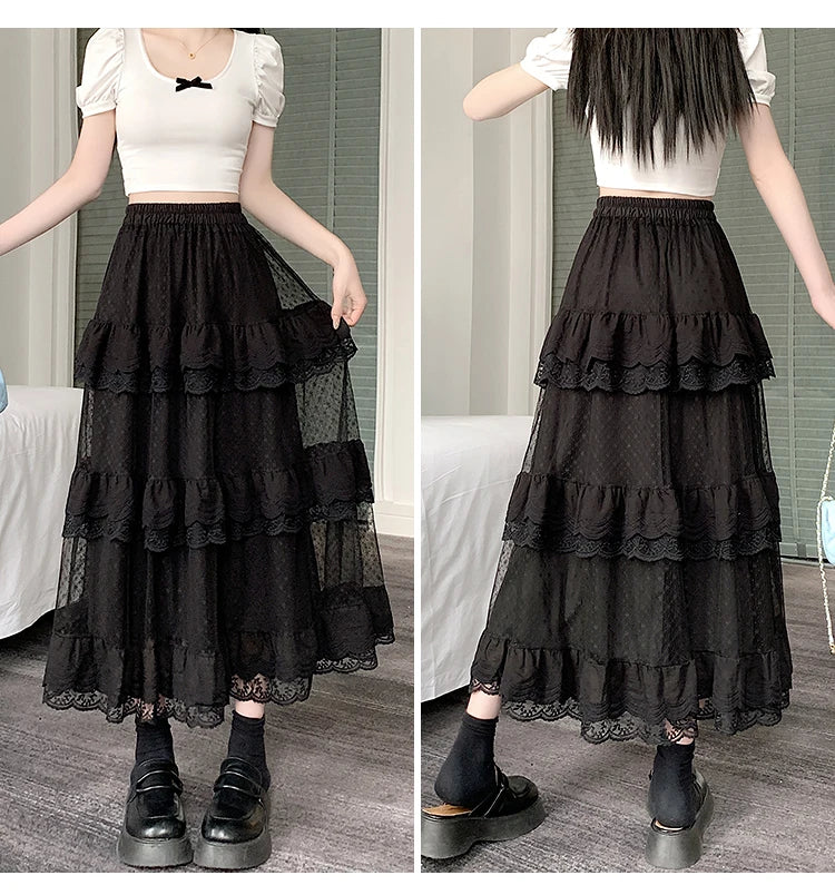 High-Low Gothic Lace Ruffle Skirt High Low Ruched Ruffle Pleated Skirts rok