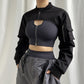 Black Gothic jacket for women with short length and metal hardware detailing
