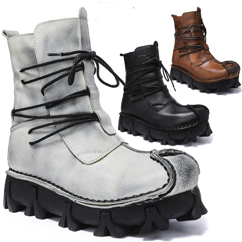 Men's Skull Gothic Punk Leather Motorcycle Boots for winter