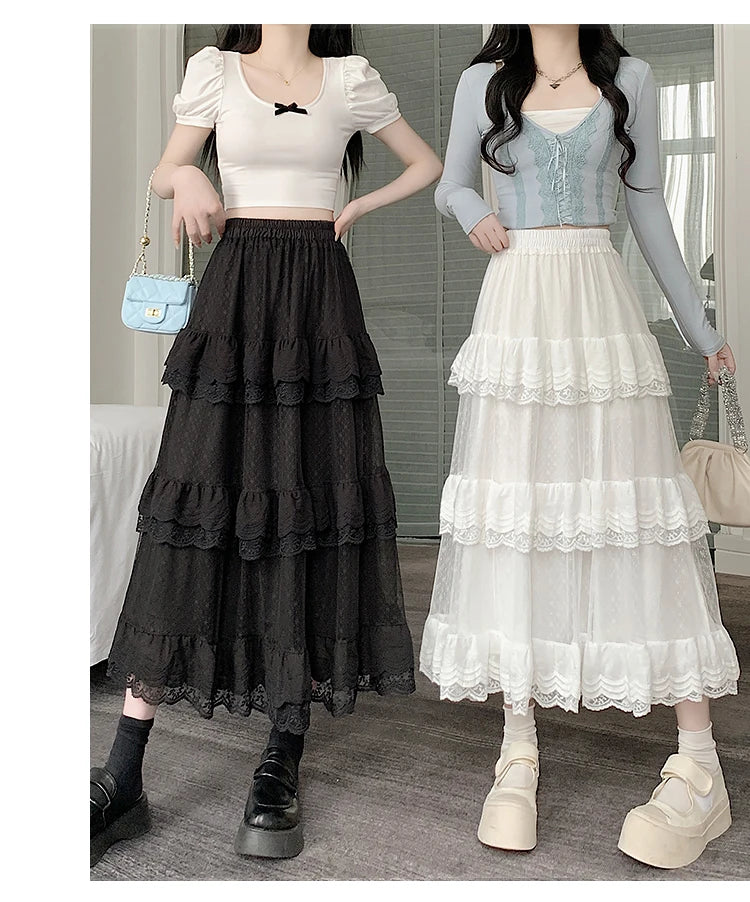 High-Low Gothic Lace Ruffle Skirt High Low Ruched Ruffle Pleated Skirts rok