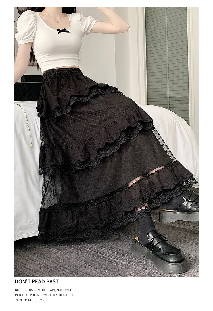 High-Low Gothic Lace Ruffle Skirt High Low Ruched Ruffle Pleated Skirts rok