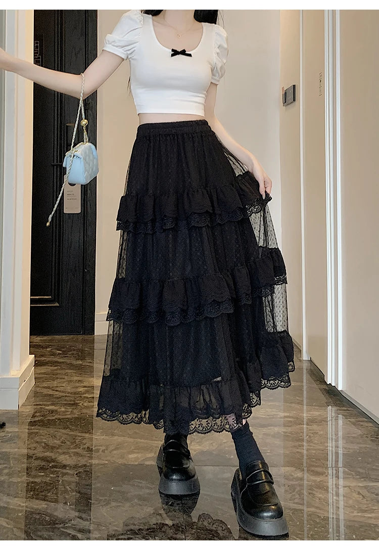 High-Low Gothic Lace Ruffle Skirt High Low Ruched Ruffle Pleated Skirts rok