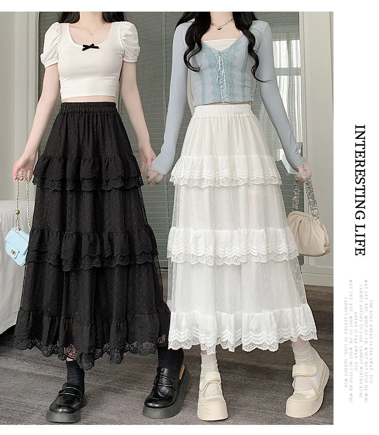 High-Low Gothic Lace Ruffle Skirt High Low Ruched Ruffle Pleated Skirts rok