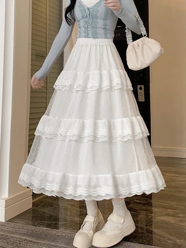 High-Low Gothic Lace Ruffle Skirt High Low Ruched Ruffle Pleated Skirts rok