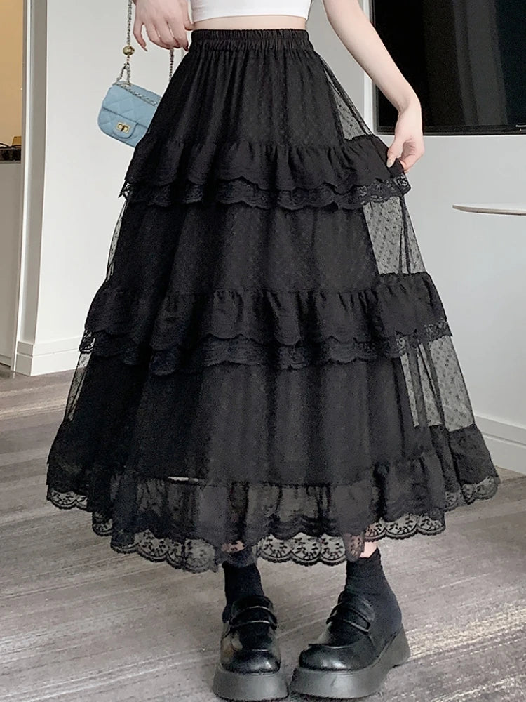 High-Low Gothic Lace Ruffle Skirt High Low Ruched Ruffle Pleated Skirts rok