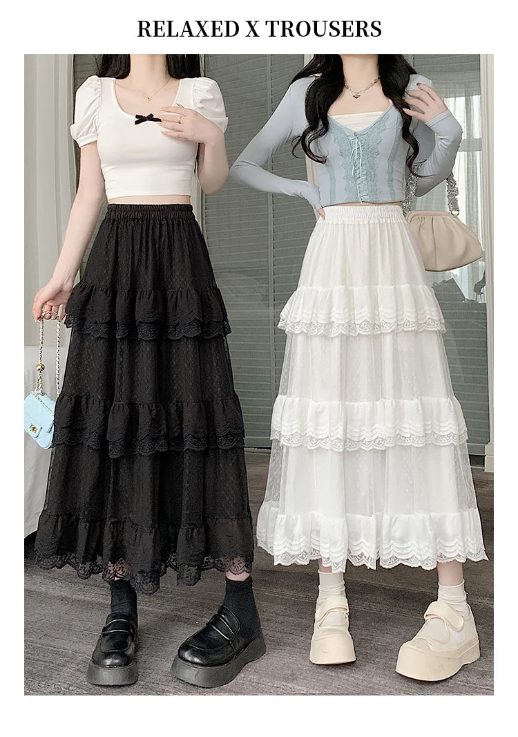 High-Low Gothic Lace Ruffle Skirt High Low Ruched Ruffle Pleated Skirts rok