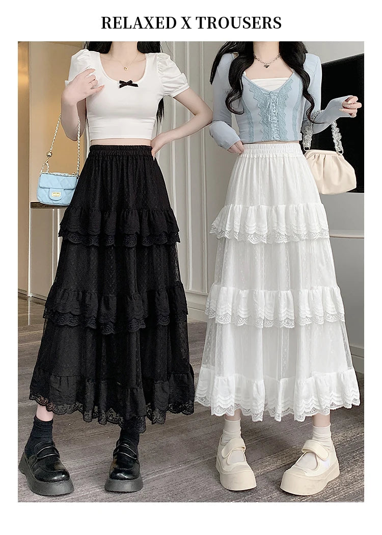 High-Low Gothic Lace Ruffle Skirt High Low Ruched Ruffle Pleated Skirts rok