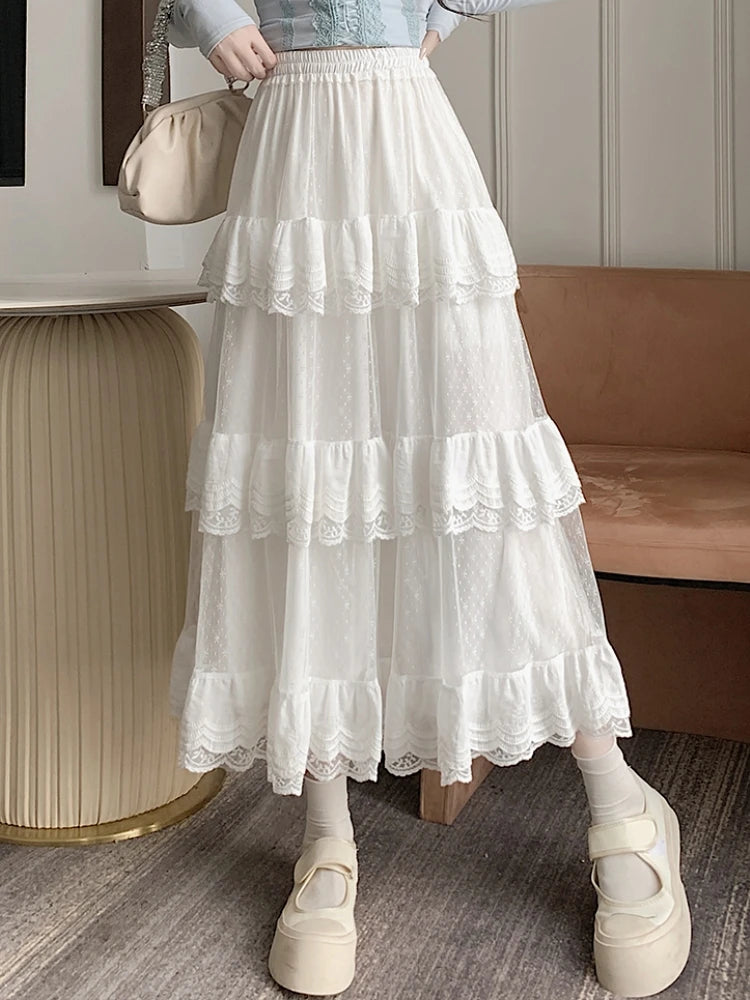 High-Low Gothic Lace Ruffle Skirt High Low Ruched Ruffle Pleated Skirts rok
