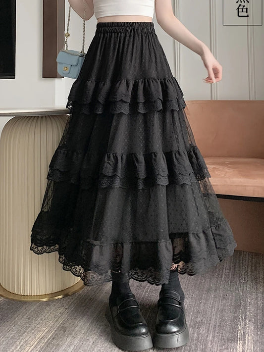 High-Low Gothic Lace Ruffle Skirt High Low Ruched Ruffle Pleated Skirts rok
