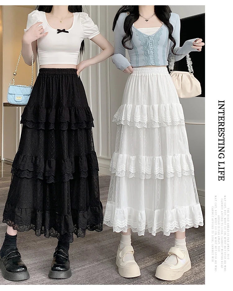 High-Low Gothic Lace Ruffle Skirt High Low Ruched Ruffle Pleated Skirts rok