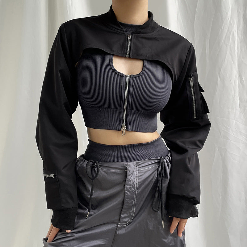 Women's Gothic jacket with short hem and belted waist for a bold look