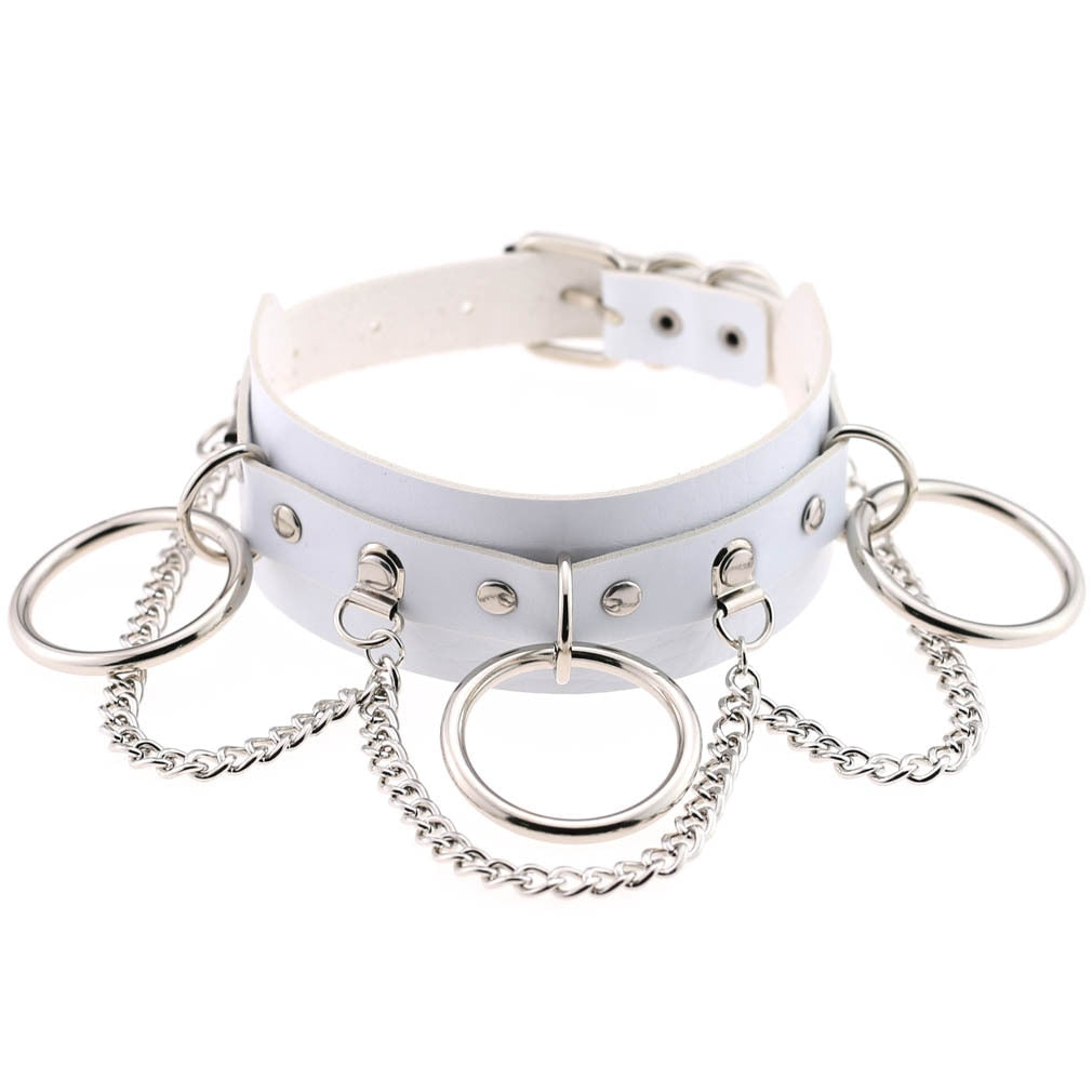 Gothic White Leather Choker Necklace with Multiple Spikes and Pendant Designs