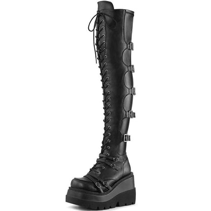 Gothic Punk Thigh High Wedge Boots with Platform