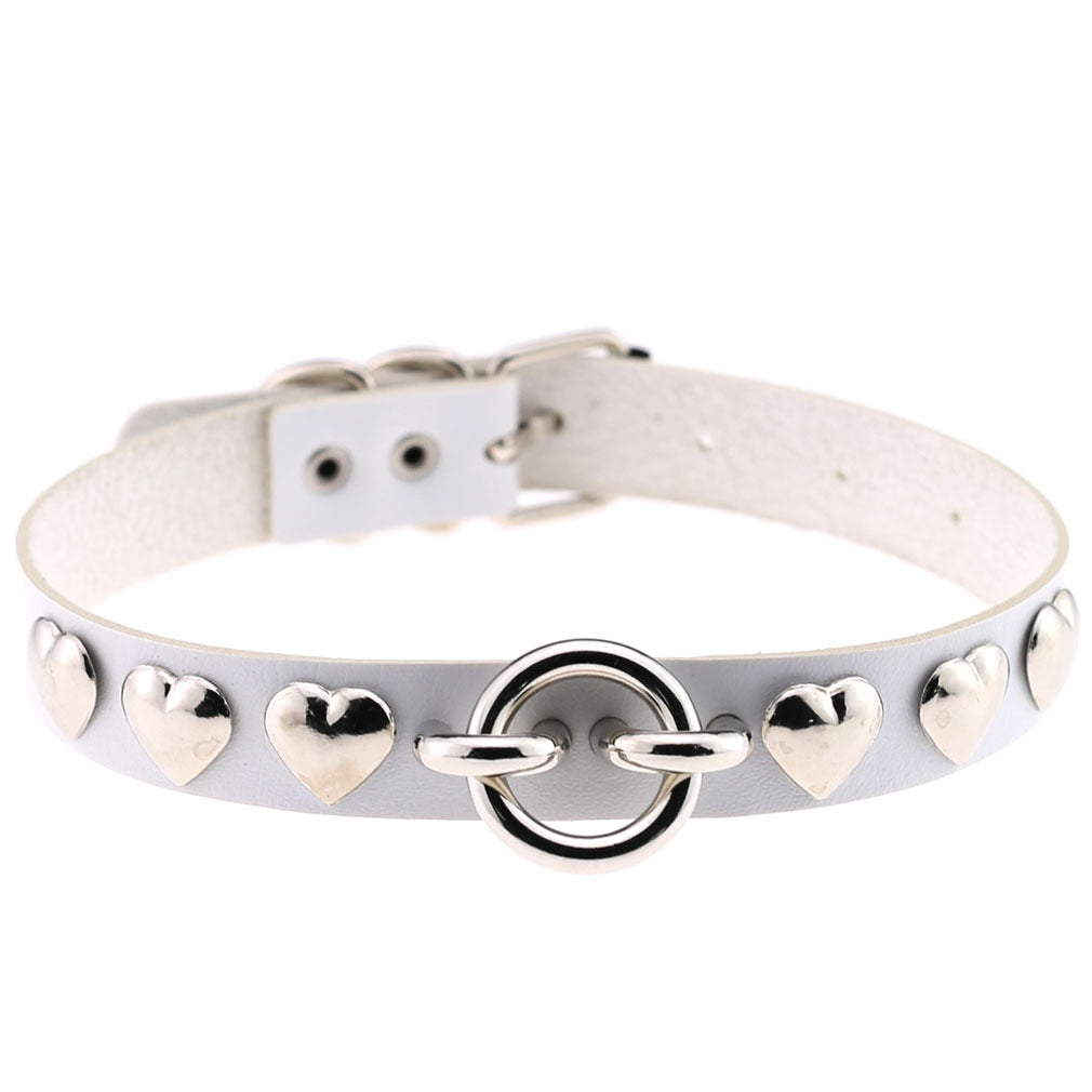 Gothic White Leather Choker Necklace with Multiple Spikes and Pendant Designs