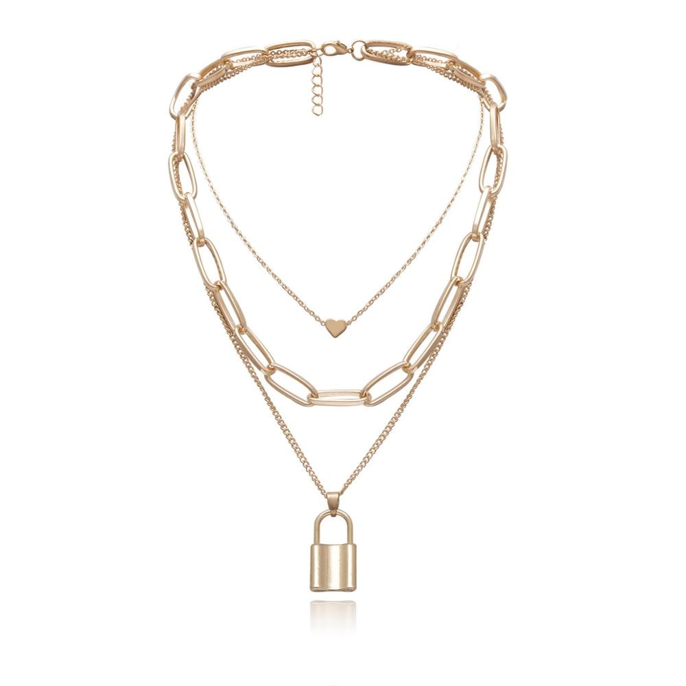 Hip Hop Multi Layers chain necklace with heart lock