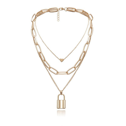 Hip Hop Multi Layers chain necklace with heart lock