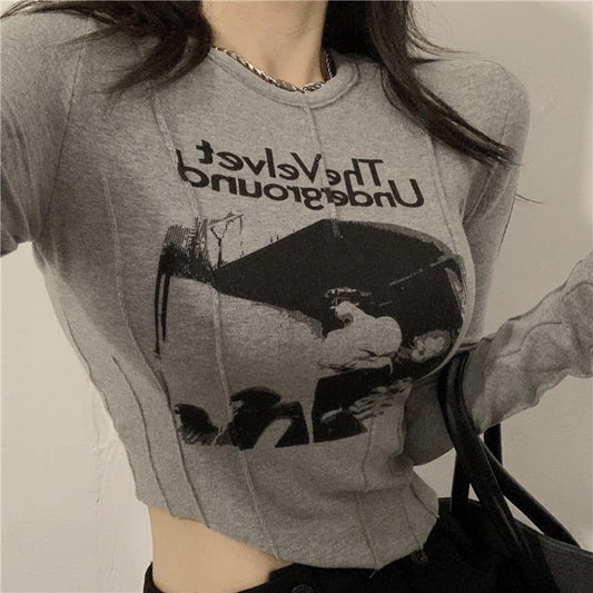 Graphic Print Cropped Tops 90s Vintage