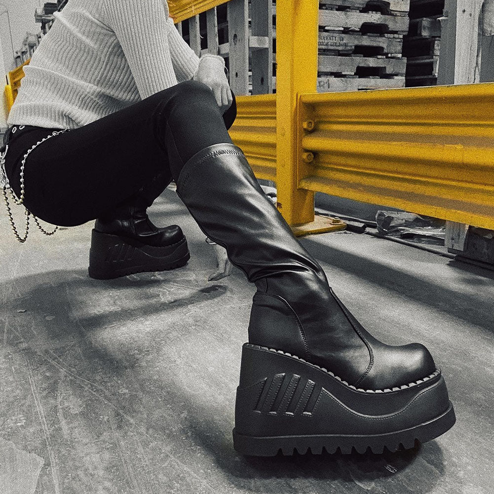 Gothic Punk Thigh High Wedge Boots with Platform