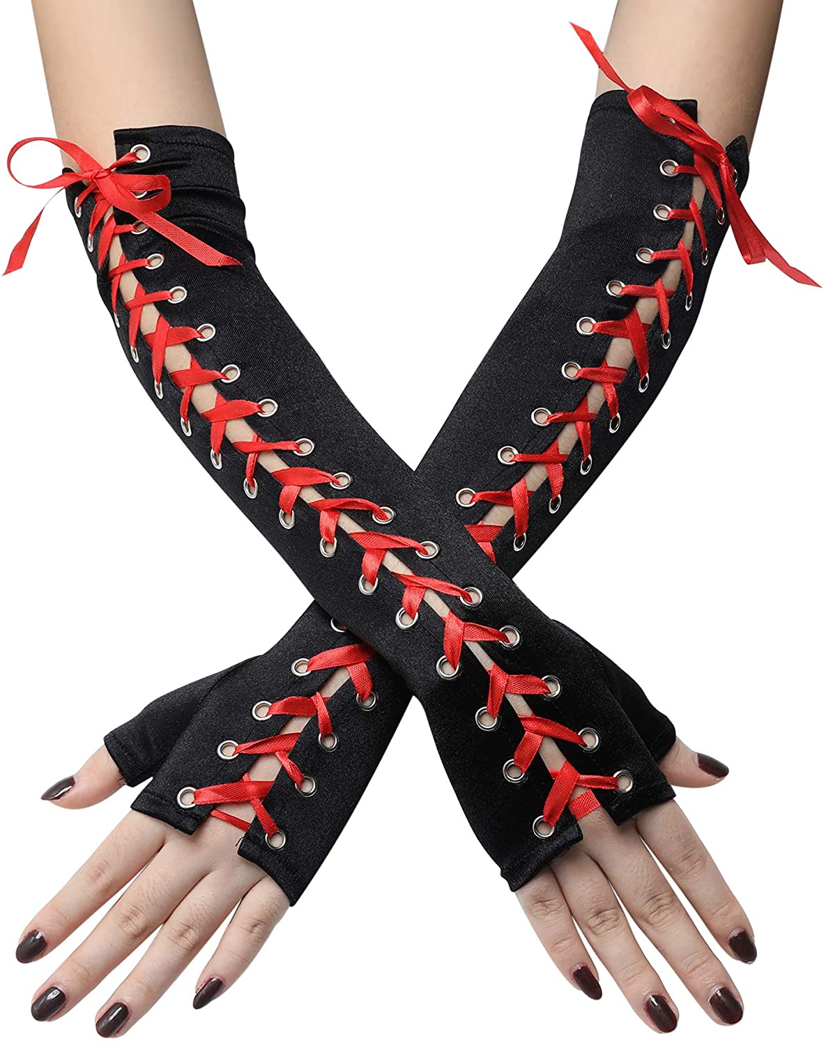 Punk Elbow-Arm Warmer Gloves with Fishnet Mesh and Laces