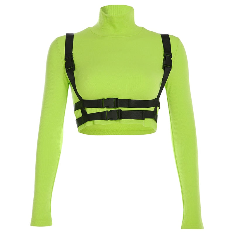 Add a touch of edge to your ensemble with this Gothic Moto&Biker Buckle Belt Crop Top - a statement-making piece that stands out."
