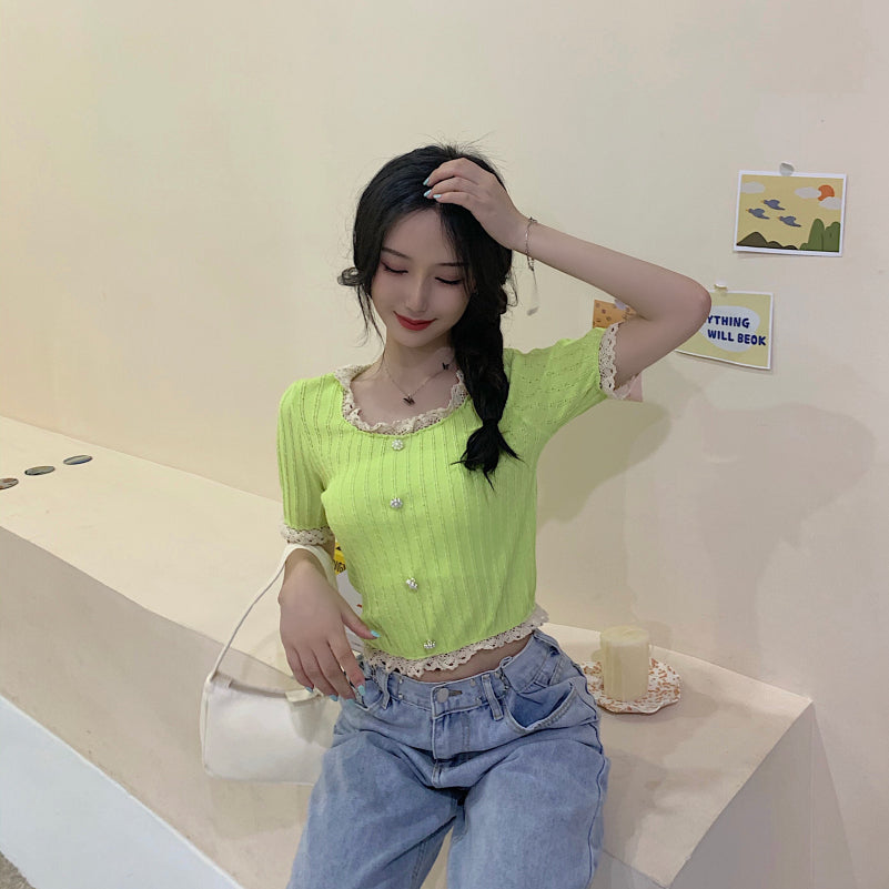 Girls Patched Lace O-Neck Knitting T-shirt