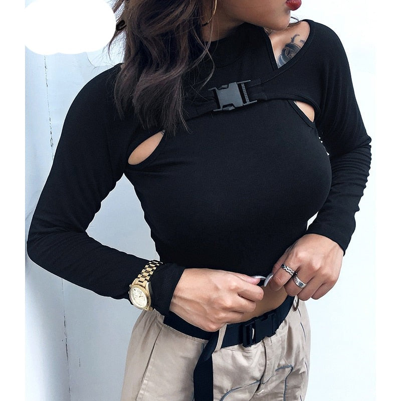 Gothic Korean Style Buckle Women Turtleneck Sleeve T Shirt - Unique and Stylish Women's Top
