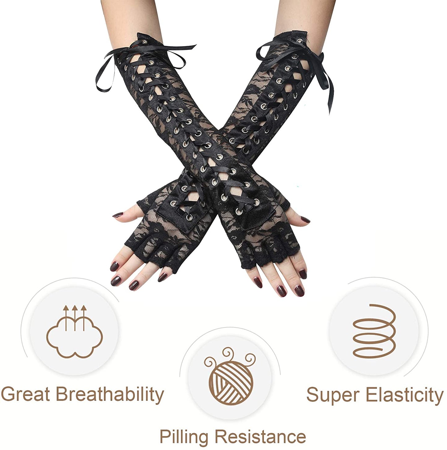 Punk Elbow-Arm Warmer Gloves with Fishnet Mesh and Laces