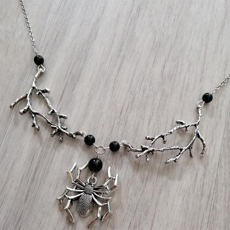 Gothic Witch Branch Necklace with Black Onyx Spider Pendant
