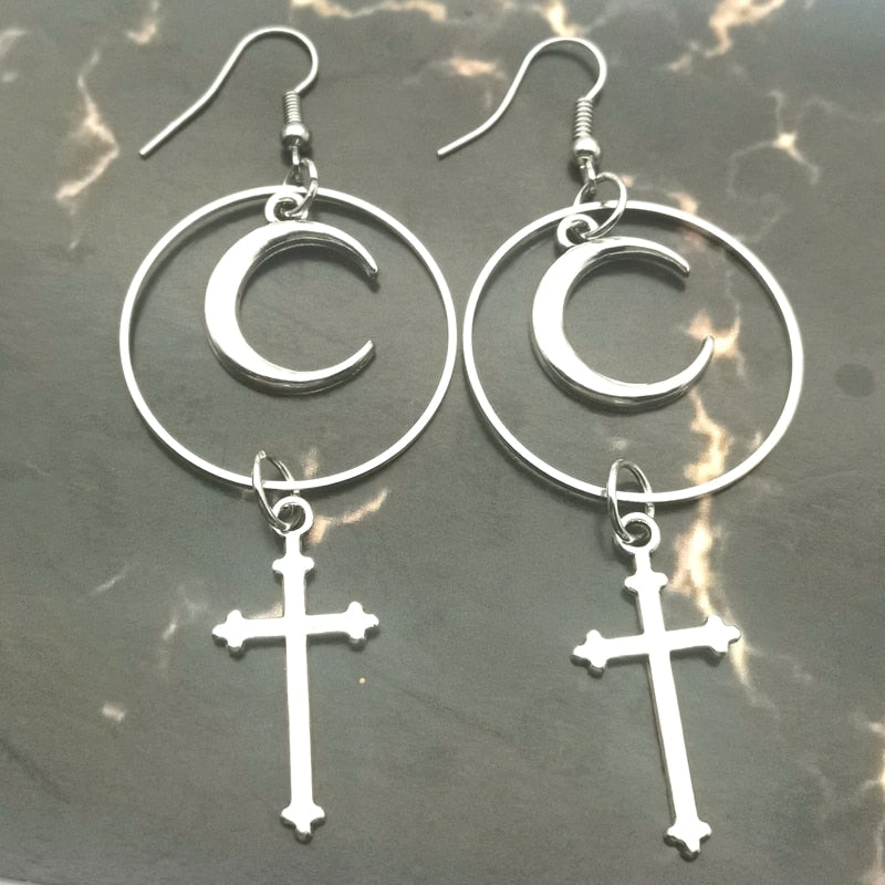 Gothic Large Hoop Moon and Cross Earrings