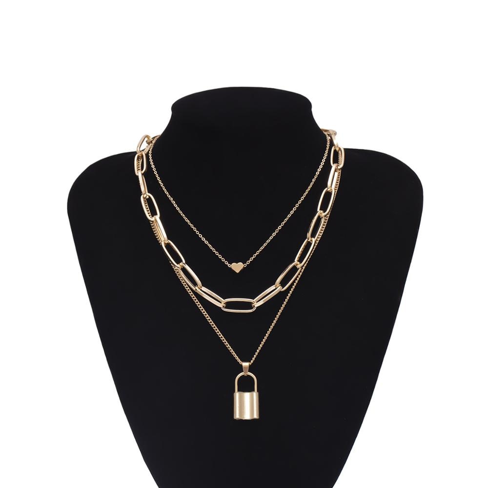 Hip Hop Multi Layers chain necklace with heart lock