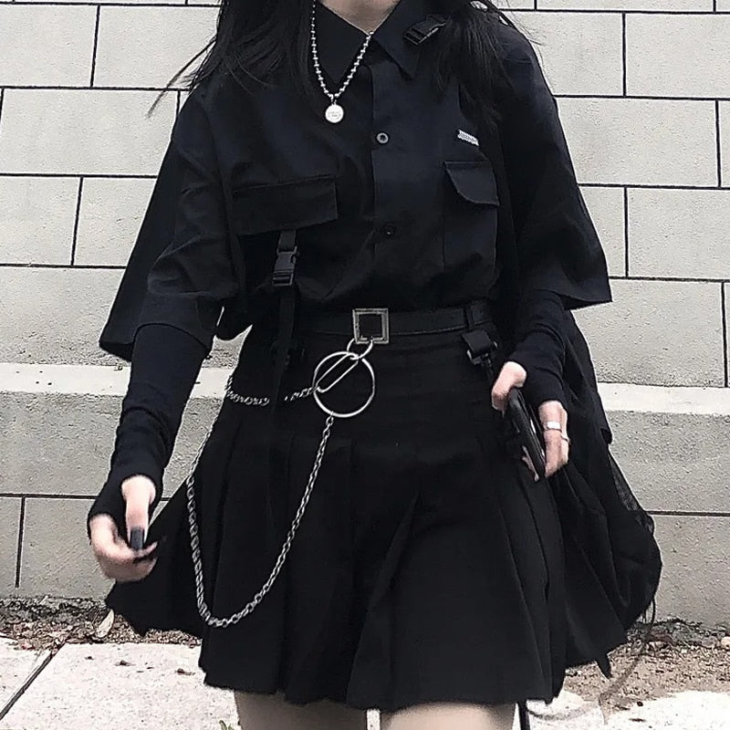 Gothic Korean  Loose BF Shirt and Skirt Set