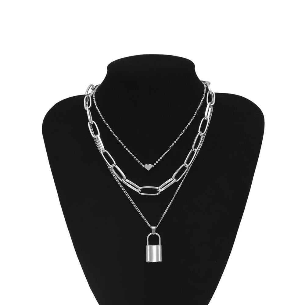 Hip Hop Multi Layers chain necklace with heart lock