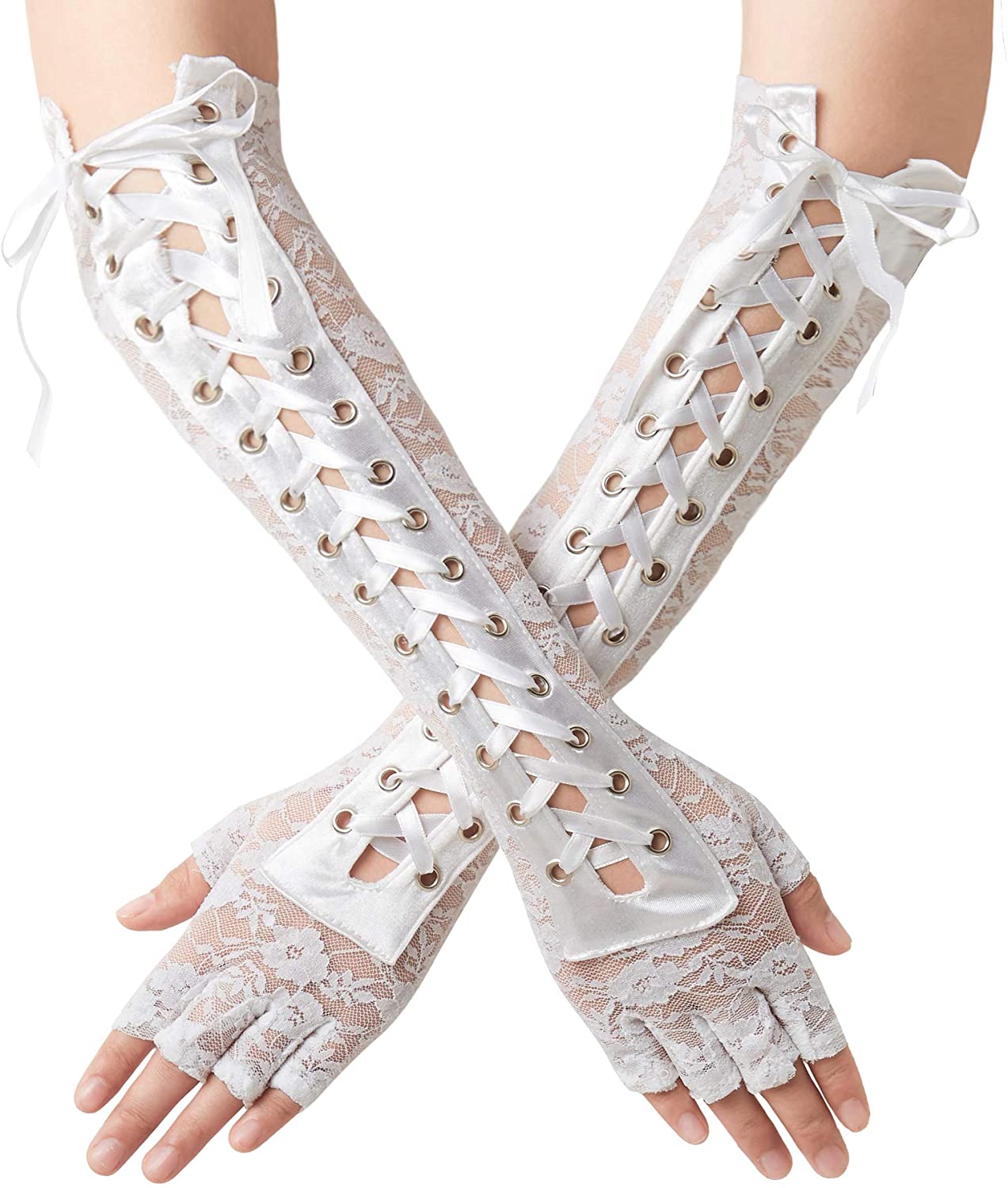 Punk Elbow-Arm Warmer Gloves with Fishnet Mesh and Laces