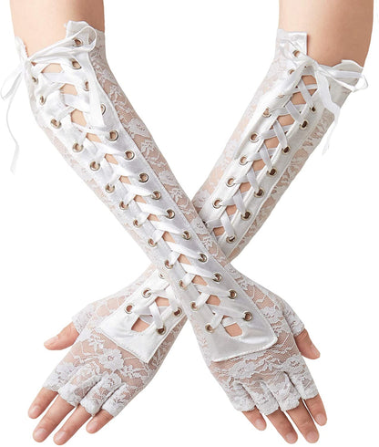 Punk Elbow-Arm Warmer Gloves with Fishnet Mesh and Laces