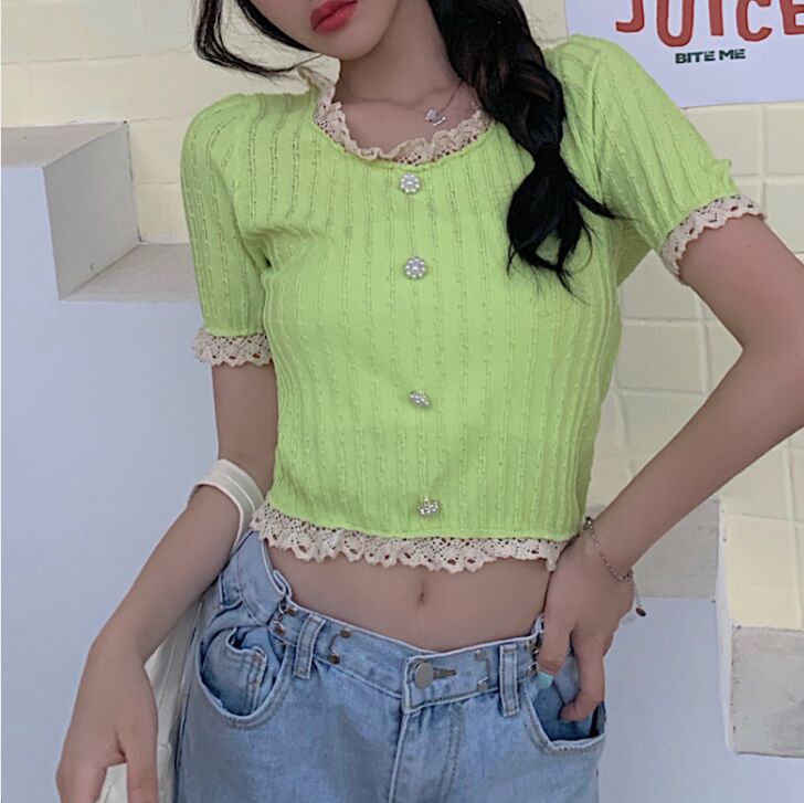 Girls Patched Lace O-Neck Knitting T-shirt