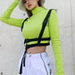 Gothic Moto&Biker Buckle Belt Crop Top - Embrace your inner rebel with this edgy black crop top featuring a bold buckle belt design