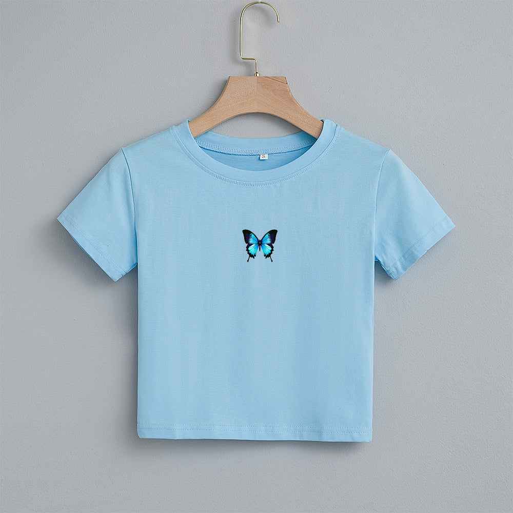 Crop Top featuring Blue Butterfly Print and Gothic Harajuku Style