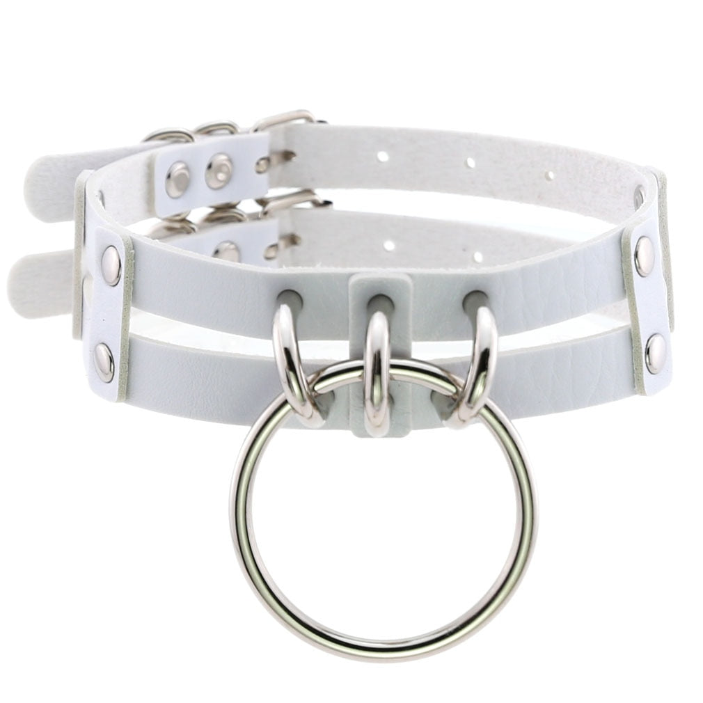 Gothic White Leather Choker Necklace with Multiple Spikes and Pendant Designs