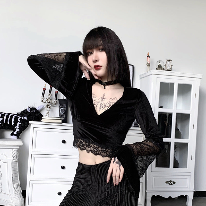 Gothic Style Flare Sleeve Tee with Lace Trim: Embrace gothic style with this flare sleeve tee adorned with lace trim for a touch of romance.