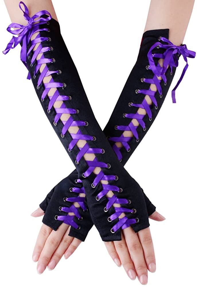 Punk Elbow-Arm Warmer Gloves with Fishnet Mesh and Laces