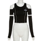 "Stand out from the crowd with this Gothic crop top, featuring a stunning patchwork design and alluring open shoulders."